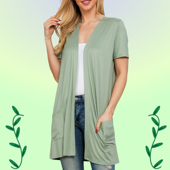You & Me Short Sleeve Open Front Cardigan w/Pockets Women’s S (4/6) Sage - Picture 1 of 11